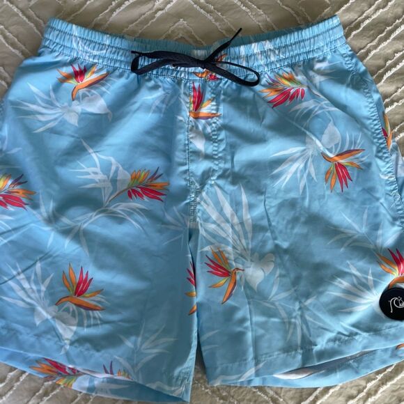 Quiksilver Blue and Orange Swim Trunks with Tropical Floral Design - Picture 1 of 7